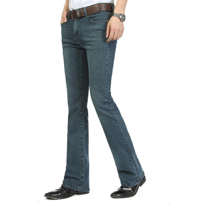 Free Shipping Men's Business Casual Pants Male Mid Waist Elastic Slim Boot Cut Semi-Flared Four Seasons Bell Bottom Jeans 26-38 Phreshmen
