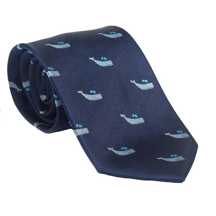Sperm Whale Necktie - Grey on Navy, Woven Silk - Spread Phreshmen