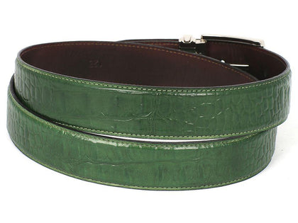 PAUL PARKMAN Men's Crocodile Embossed Calfskin Leather Belt Hand-Painted Green (ID#B02-GRN) Phreshmen