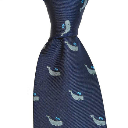 Sperm Whale Necktie - Grey on Navy, Woven Silk - Spread Phreshmen