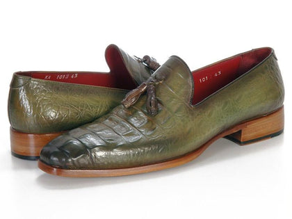 Paul Parkman Men's Green Crocodile Embossed Calfskin Tassel Loafer (ID#PP2281-GREEN) Phreshmen