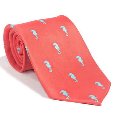 Seahorse Necktie - Coral Pink, Printed Silk Phreshmen