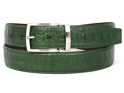 PAUL PARKMAN Men's Crocodile Embossed Calfskin Leather Belt Hand-Painted Green (ID#B02-GRN) Phreshmen