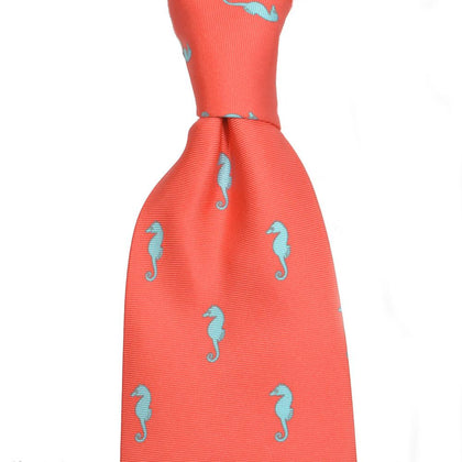 Seahorse Necktie - Coral Pink, Printed Silk Phreshmen