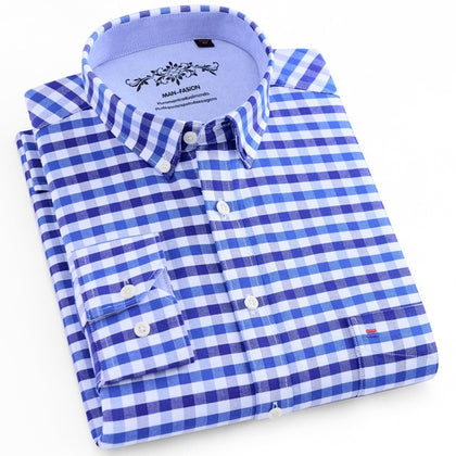 Men's Plaid/Striped/Oxford Single Pocket Long Sleeve Shirt Phreshmen